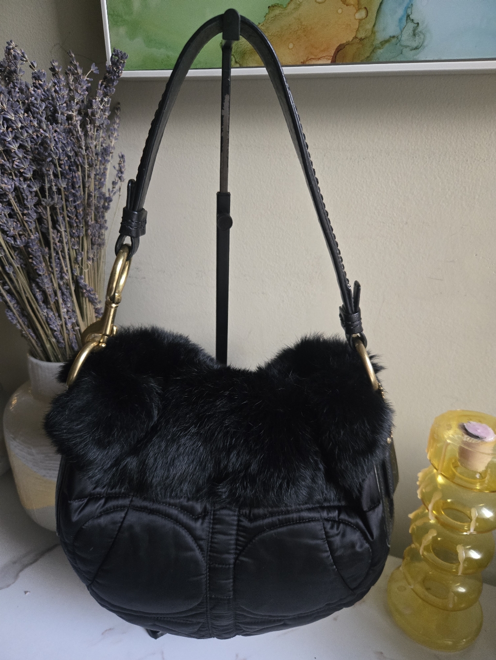 Vintage Coach Soho Ski Black Quilted Nylon Rabbit Fur Shoulder Hobo Bag